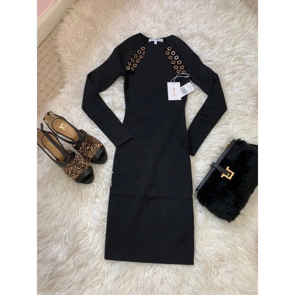 Good American Black Ribbed Knit Bodycon Dress with Grommet Detail Size 5